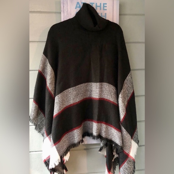 Lulus black striped turtleneck poncho shawl sweater w/ fringe edge OS 🎊SALE - Picture 5 of 14